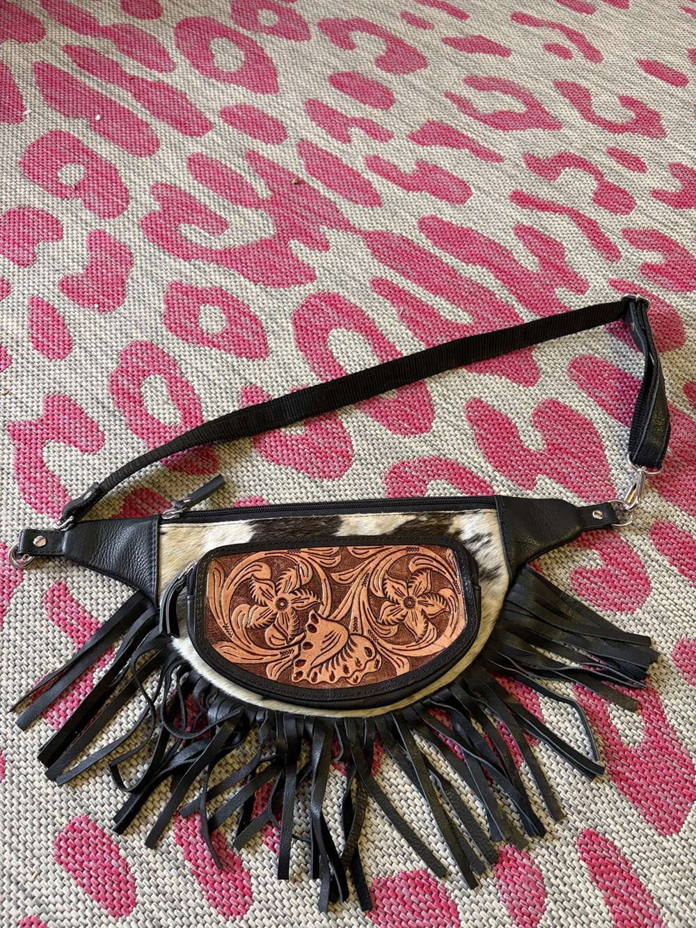 Black Leather Fringe Waist Bag with Tooled Leather and cowhide Accent